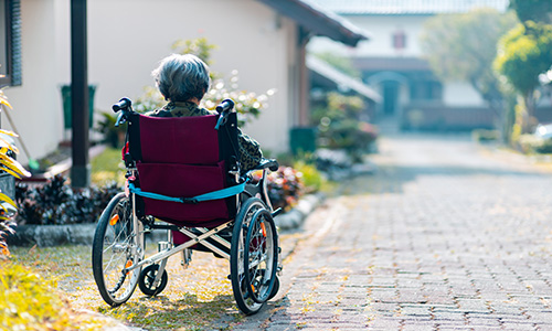 woman in a wheelchair on cobbled path